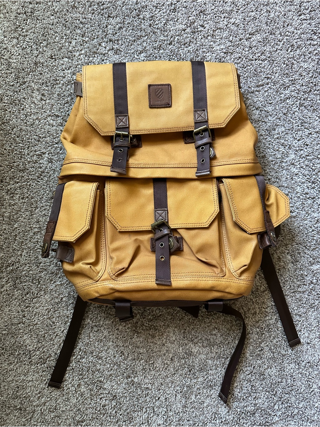Langley Alpha Camera Backpack Camera Bag Tan Canvas Leather Trim Padded Straps